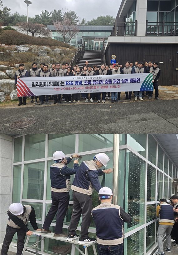 [울산=뉴시스] 울산시설공단은 3일 세계 야생 동식물의 날을 맞아 조류 충돌 위험이 높은 공원사무실 유리벽을 대상으로 저감 테이프 부착에 참여하며 생명 보호를 위한 ESG 경영 실천에 앞장섰다. (사진=울산시설공단 제공) 2026.03.04. photo@newsis.com *재판매 및 DB 금지