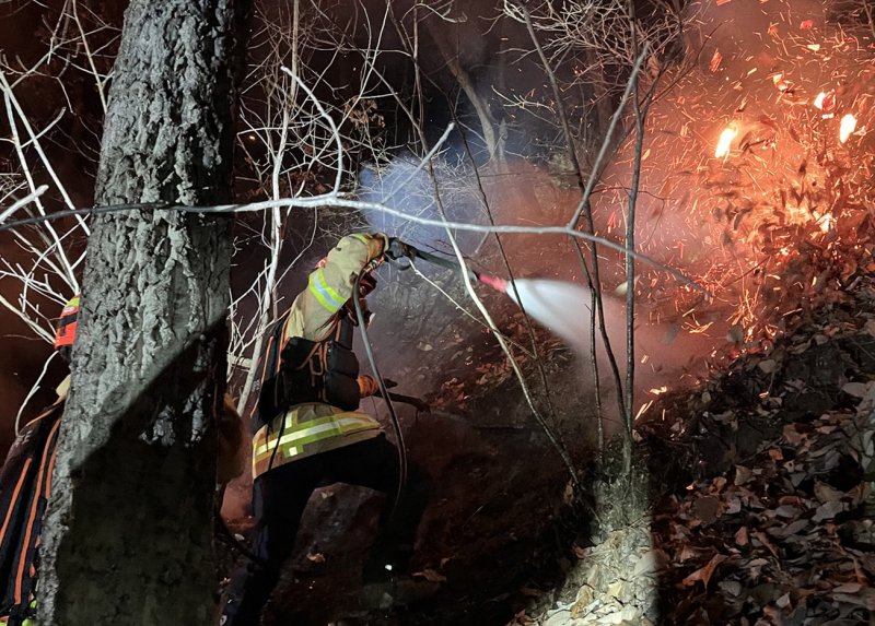 [영주=뉴시스] 박준 기자=25일 오후 경북 영주시 안정면 용산리 용수사 방향 야산에 야간 비행훈련 중이던 충주기지 소속 F-16C(단좌) 전투기가 추락해 산불이 발생해 출동한 소방관이 산불 진화작업을 벌이고 있다. 2025.02.25.(사진=경북소방본부 제공) photo@newsis.com *재판매 및 DB 금지