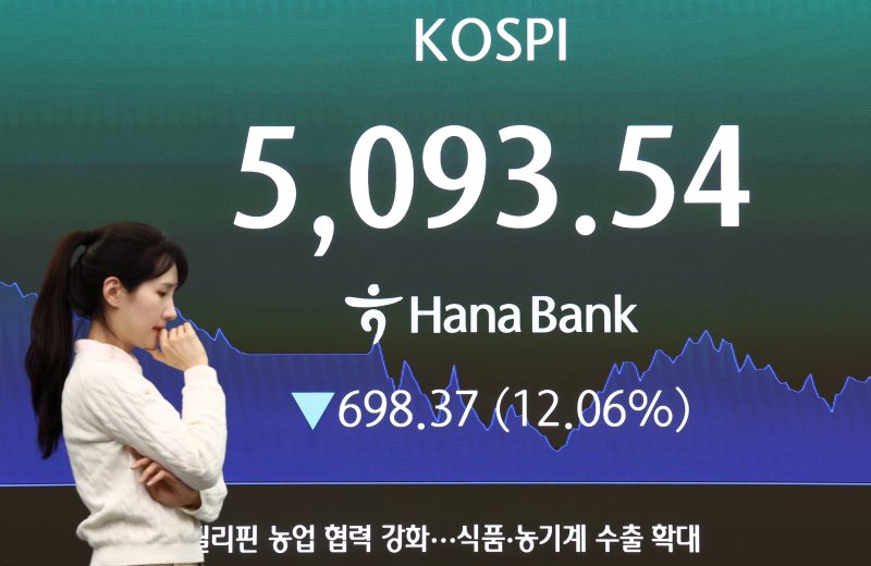 이란전쟁 여파로 코스피 지수가 급락 마감한 4일 서울 중구 하나은행 본점 딜링룸 전광판에 코스닥 지수 종가가 표시되어 있다. 이날 코스피지수는 전일대비 698.37p(12.06%) 떨어진 5093.54에 장을 마감했다. 2026.3.4 ⓒ 뉴스1 최지환 기자