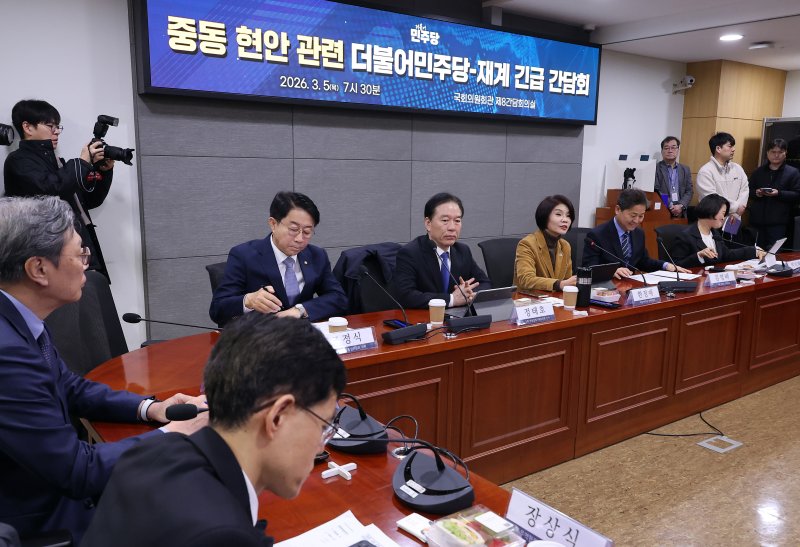 지난 5일 국회에서 열린 중동 현안 관련, 더불어민주당-재계 긴급 간담회에서 한정애 정책위의장이 발언하고 있다. 연합뉴스