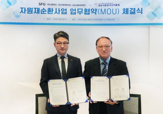 상생 협약식 후 사진 촬영에 나선 박정우 SFG 본사 사장(좌)과 이재봉 성남시분당시니어클럽 관장 (제공=SFG)