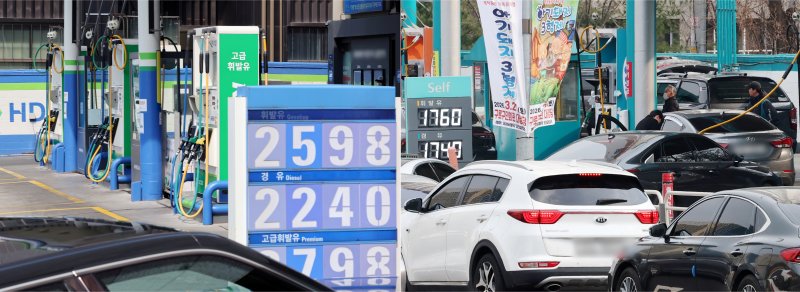 [서울=뉴시스] 조성우 기자 = 미국과 이스라엘의 이란 공습에 따른 중동 정세 불안 여파로 국내 주유소 기름값 상승세가 이어지고 있는 9일 서울 강남의 한 주유소(왼쪽)는 한산한 반면 구로구의 한 주유소(오른쪽)는 북적이고 있다.국내 기름값이 9일 연속 상승세를 이어가며 전국 휘발유 평균 가격이 리터당 1900원을 넘어섰다. 한국석유공사 유가정보시스템 오피넷에 따르면 이날 오후 1시30분 기준 전국 평균 휘발유 가격은 리터당 1900.7원으로 전날보다 5.3원 올랐다. 2026.03.09. xconfind@newsis.com