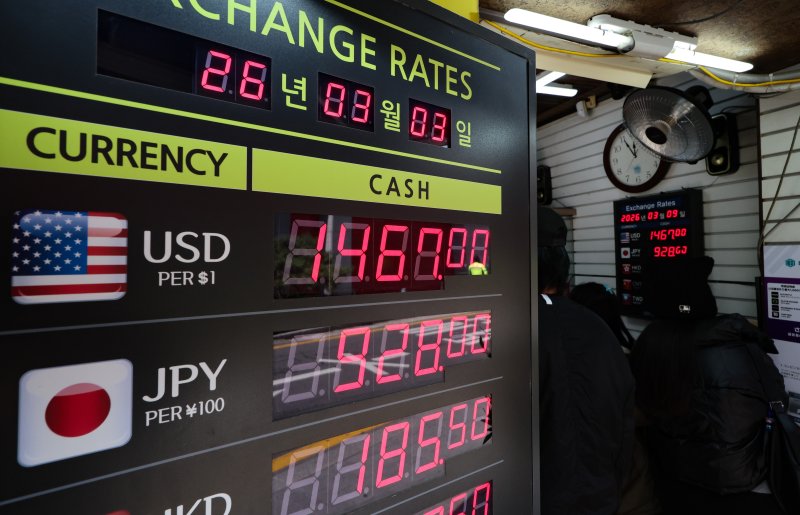 [서울=뉴시스] 황준선 기자 = 중동 정세 악화로 원·달러 환율이 상승하고 있는 9일 서울 중구 명동의 환전소에서 달러 등 외화 거래가가 표시돼 있다. 026.03.09. hwang@newsis.com