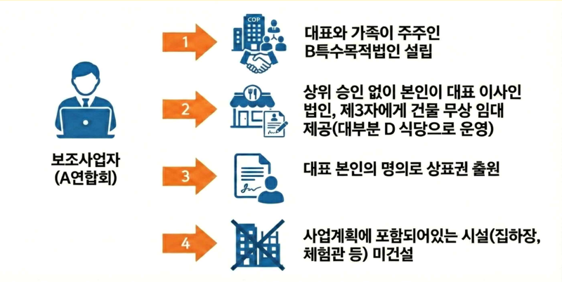 기획예산처가 10일 공개한 국가보조금 부정수급 사례 중에 '협회 대표가 회원들에게 돌아가야 할 보조금 198억원을 독식한 사건' 흐름도. 기획예산처 제공