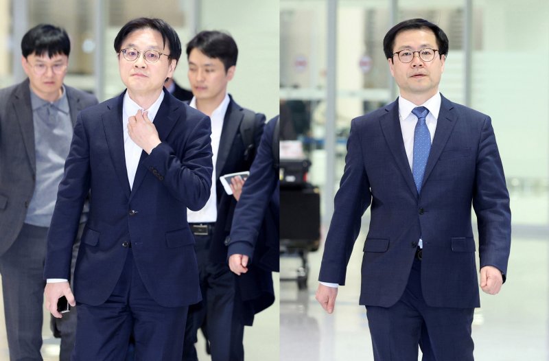 [인천공항=뉴시스] 김진아 기자 = 한미 관세합의 이행 등 통상 현안 협의를 위해 미국을 방문한 산업통상부 김정관(왼쪽) 장관과 여한구 통상교섭본부장이 8일 인천국제공항 제2터미널을 통해 귀국하고 있다. 2026.03.08. bluesoda@newsis.com