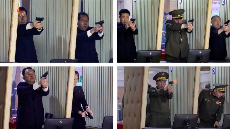 김정은 북한 국무위원장이 딸 주애와 함께 지난 11일 권총 등 휴대용 경량 무기를 생산하는 제2경제위원회 산하 중요 군수공장을 시찰했다고 조선중앙TV가 12일 보도했다. 김여정 총무부장을 비롯한 간부들이 공장 내 실내사격장에서 신형 권총을 사격하고 있다. 조선중앙TV 화면/연합뉴스