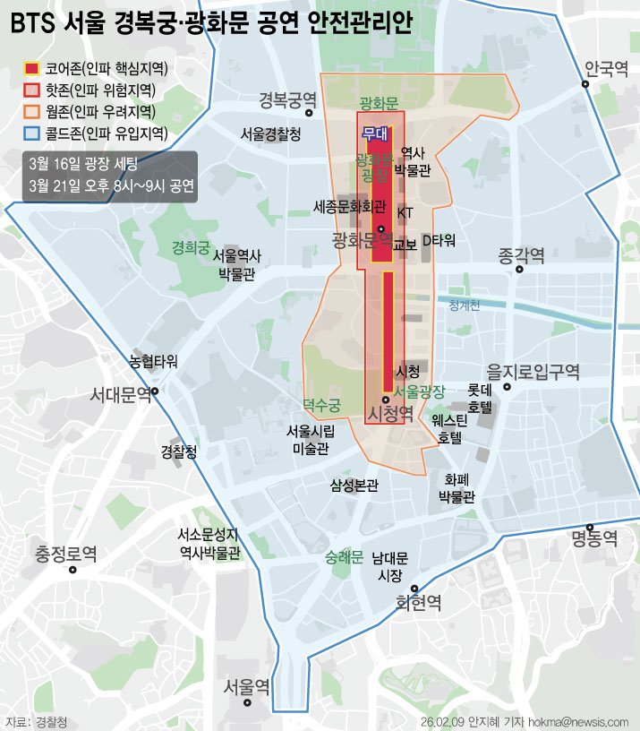 [서울=뉴시스] 다음 달 서울 광화문에서 열릴 예정인 그룹 BTS 공연을 앞두고 경찰이 종합 안전대책 마련에 나섰다. 경찰은 행사 당일 광화문 광장 일대에 최대 26만명이 운집할 것으로 예상하고 4개 구역(코어존, 핫존, 웜존, 콜드존)으로 나눈 뒤 이를 다시 15개 세부 구역으로 세분화해 관리할 계획이다. (그래픽=안지혜 기자) hokma@newsis.com