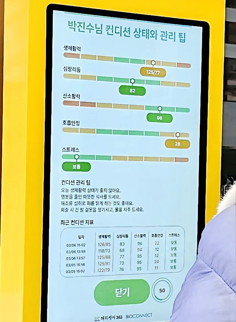 키오스크를 통해 체크된 이용자 건강상태를 보호자 등의 스마트폰에 보내져 공유되는 화면. (주)해피케이365 제공