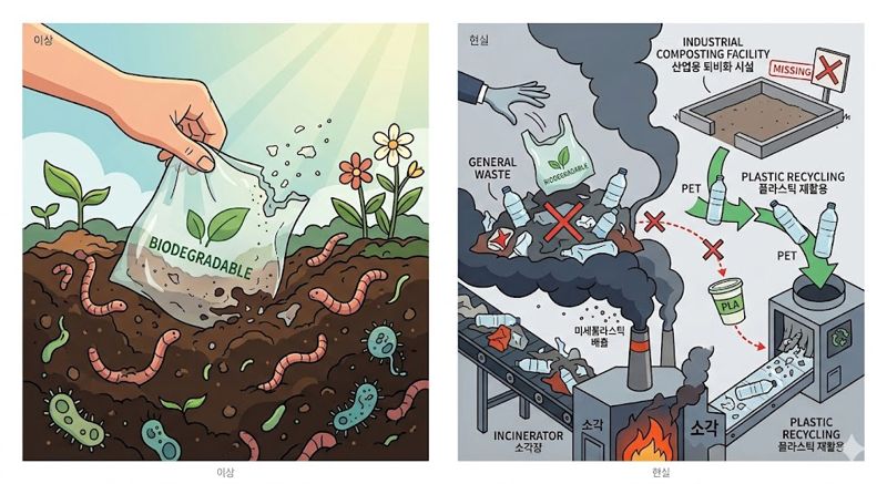 바이오·생분해 플라스틱에 대한 이상과 현실을 표현한 생성형 이미지. 제미나이