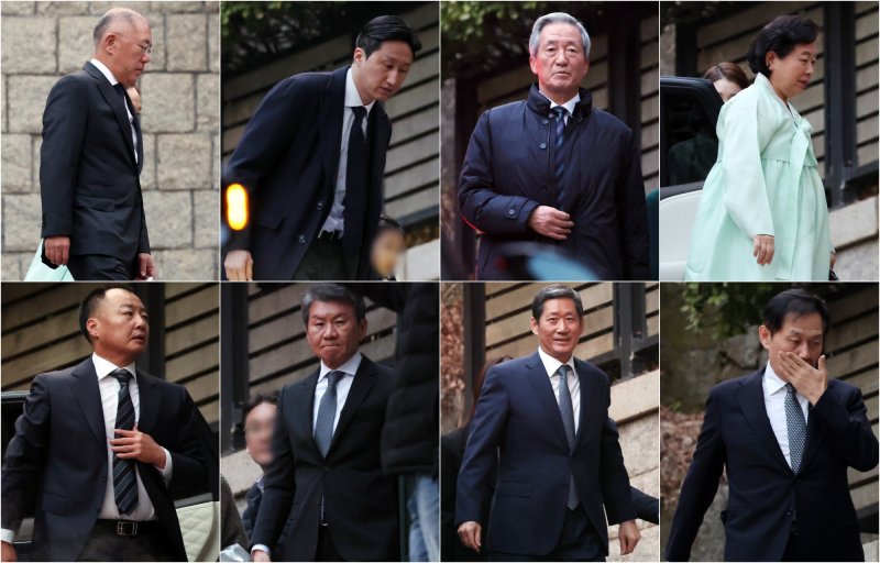 20일 오후 고(故) 정주영 현대그룹 명예회장의 20주기 추모제사가 열린 서울 종로구 청운동 정 명예회장 옛 자택으로 범 현대가 식구들이 들어서고 있다. 사진 왼쪽 위 부터 시계방향으로 정의선 현대자동차그룹 회장, 정기선 HD현대 회장, 정몽준 아산재단 이사장, 현정은 현대그룹 회장, 정몽익 KCC글라스 회장, 정몽윤 현대해상화재보험 회장, 정몽규 HDC그룹 회장 정일선 현대비앤지스틸 사장. 사진=뉴스1화상
