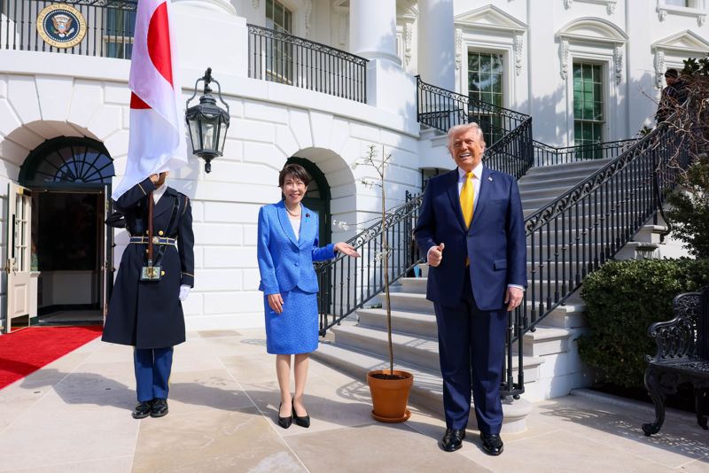 도널드 트럼프 미국 대통령(오른쪽)과 다카이치 사나에 일본 총리가 지난 19일(현지시간) 미 워싱턴 백악관에서 벚나무 묘목 앞에서 기념사진을 찍고 있다. 다카이치 총리는 올해 건국 250주년을 맞이한 미국을 위해 일본에서 공수해온 250그루의 벚꽃나무를 선물했다.출처=일본 내각부