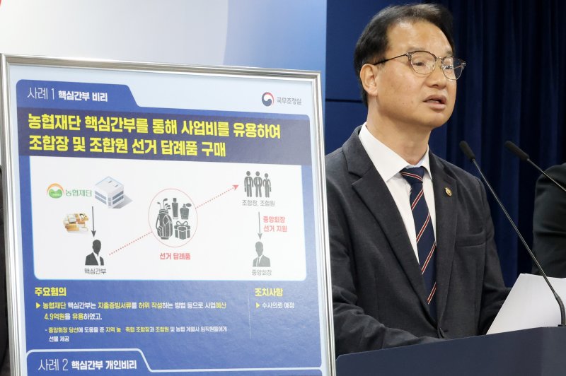 [서울=뉴시스] 추상철 기자 = 김영수 국무조정실 국무1차장이 지난 9일 오전 서울 종로구 정부서울청사에서 농협 정부합동 특별감사 결과 브리핑을 하고 있다. 2026.03.09. scchoo@newsis.com