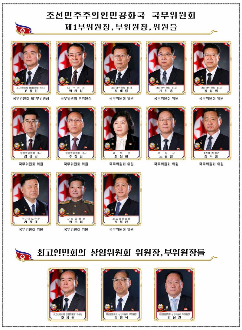 (평양 노동신문=뉴스1) = 북한이 지난 22~23일에 진행한 최고인민회의 15기 1차 회의에서 단행한 국무위원회 및 최고인민회의 주요 인선 내용을 노동당 기관지 노동신문에 공개했다. [국내에서만 사용가능. 재배포 금지. DB 금지. For Use Only in the Republic of Korea. Redistribution Prohibited] rodongphoto@news1.kr