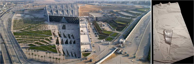 지난해 11월 정식 개관한 이집트 대박물관은 2003년 공모를 통해 최종 선정된 아일랜드의 헤네건펭아키텍츠의 설계로 세워졌다. 왼쪽은 대박물관 전경, 오른쪽 사진은 헤네건펭의 설계 모형. /사진=이집트대박물관 홈페이지·헤네건펭아키텍처 홈페이지