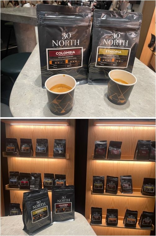 이집트 30노스가 내놓은 스페셜티 커피 원두들. 창립자이자 최고경영자(CEO)인 암르 엘-카진다르가 그중 시그니처 원두로 에스프레소를 추출했다(사진 위). /사진=서윤경 기자