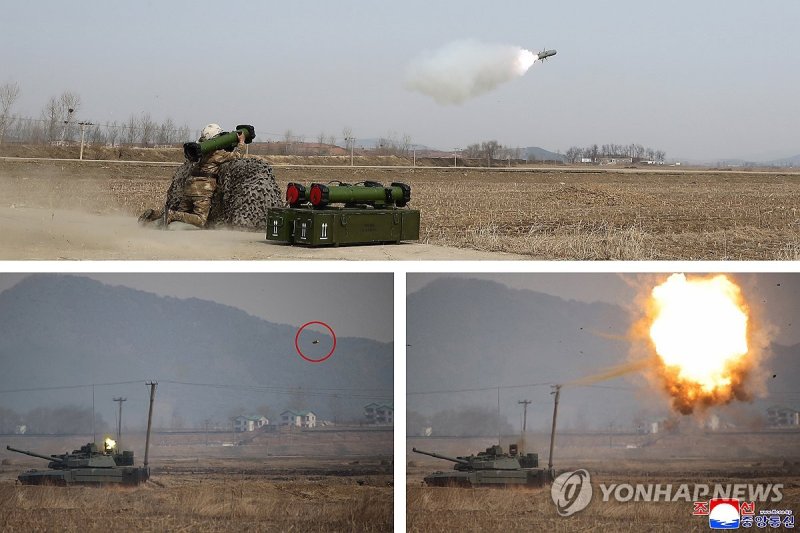 김정은, 신형 주력전차 요격 능력 평가시험 참관 (출처=연합뉴스)