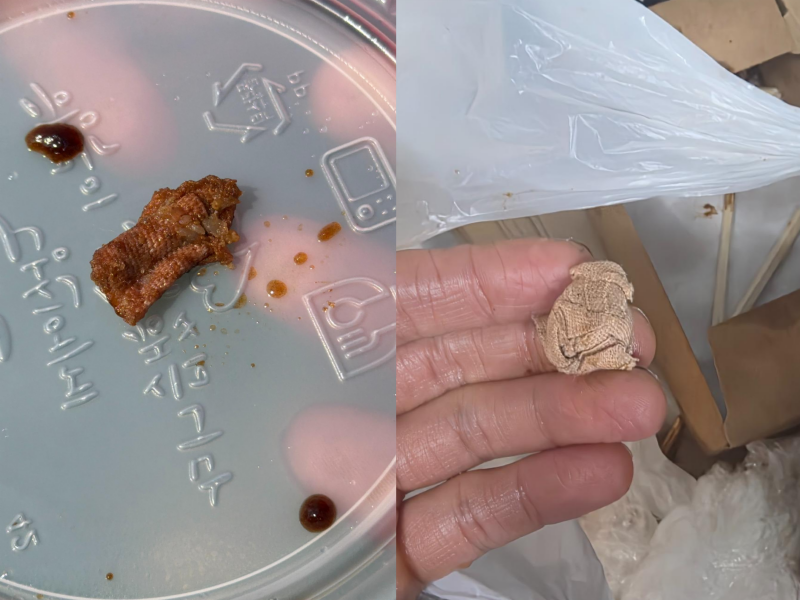 고객으로부터 짜장면에서 나온 이물질이라며 식당 측이 받은 항의 사진(왼쪽)과 이후 식당 주인이 고객으로부터 회수한 쓰레기 봉투 속에서 발견된 이물질과 형태 및 질감이 매우 유사한 손가락 밴드 /사진=보배드림