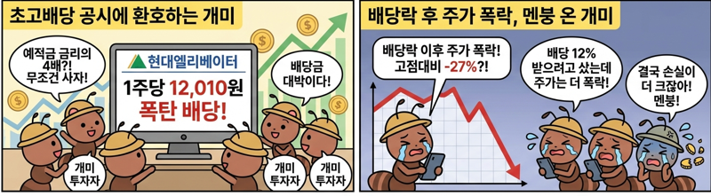 현대엘리베이터 결산배당 소식에 투자한 개미투자자들과 이후 주가 하락으로 고통받는 개미들의 모습. 제미나이 생성이미지=이환주 기자