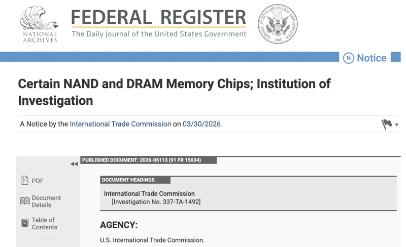 미 연방관보가 30일(현지시간) 특허관리전문기업(NPE) 모놀리식 3D가 SK하이닉스와 일본 키옥시아를 상대로 제기한 관세법 337조 위반 사건에 대해 조사 개시를 결정한 내용을 공개했다. /사진=미 연방관보 홈페이지 캡처