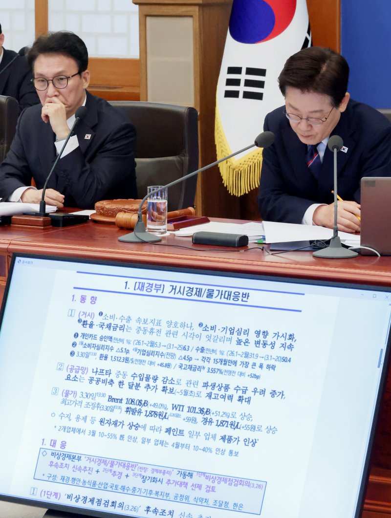 [서울=뉴시스] 고범준 기자 = 이재명 대통령이 31일 청와대에서 열린 국무회의에서 중동전쟁 관련 비상국정운영 및 대응현황 자료를 살펴보고 있다. 2026.03.31. bjko@newsis.com