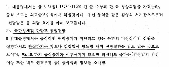 외교부는 31일 '30년 경과 비밀해제 외교문서' 2천621권, 37만여 쪽을 심사를 거쳐 일반에 공개했다. 정부는 국민 알권리 보장과 외교 행정의 투명성 제고를 위해 생산된 지 30년이 지난 외교문서를 매년 공개하고 있다. 사진은 1995년 3월 한독 정상회담에서 김영삼 당시 대통령이 김정일 권력승계 지연에 대한 중국 측 정보를 소개한 기록. 외교부 제공