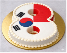 청와대가 1일 프라보워 수비안토 인도네시아 대통령을 위해 준비한 웰컴키트 한국과 인도네시아를 잇는‘8자형’기념 케이크. 청와대 제공