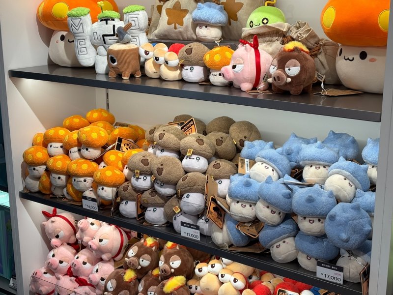 굿즈샵에서 판매되는 메이플스토리 캐릭터 인형들