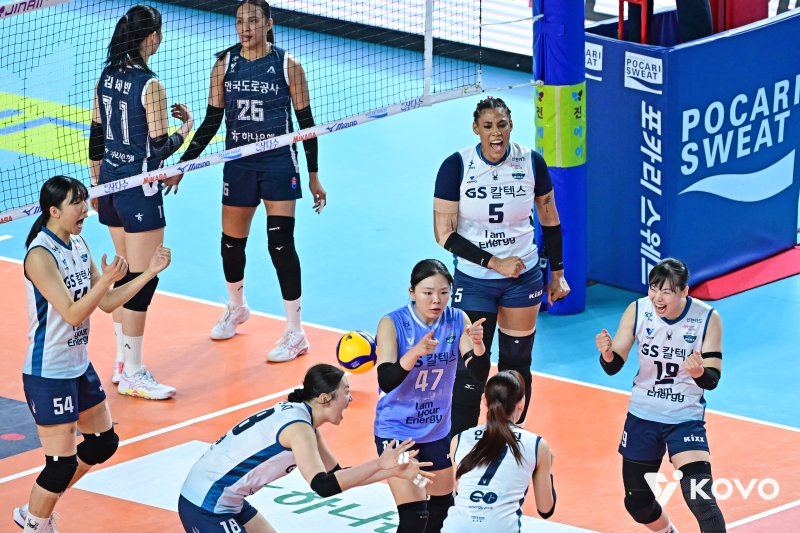 GS칼텍스 선수들이 1일 김천실내체육관에서 열린 2025-2026 V-리그 포스트시즌 여자 프로배구 챔피언 결정전 1차전 GS칼텍스와 한국도로공사의 경기에서 환호하고 있다. (KOVO 제공. 재판매 및 DB 금지) 2026.4.1 ⓒ 뉴스1