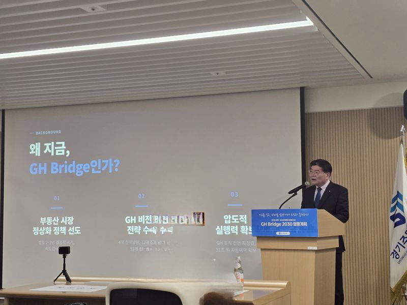 김용진 GH 사장이 경기도 주거 미래를 위한 'GH Bridge 2030 행동계획'을 발표하고 있다. 사진=장충식 기자
