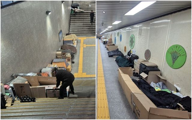 서울역의 한 지하도에 생긴 노숙인들의 거처. 사진=한승곤 기자