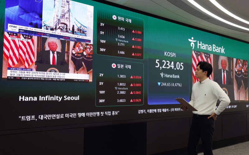 [서울=뉴시스] 김진아 기자 = 사진은 미국 도널드 트럼프 대통령의 강경 발언으로 미국과 이란 간 종전 기대감이 꺾이며 코스피와 코스닥이 하락 마감한 지난 2일 서울 중구 하나은행 딜링룸에서 딜러들이 업무를 보고 있는 모습. 2026.04.02. bluesoda@newsis.com