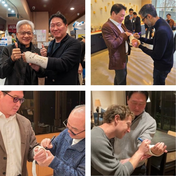 [서울=뉴시스] 최태원 SK그룹 회장이 지난 25일 자신의 소셜미디어를 통해 자신의 깁스에 빅테크 수장들이 사인하는 모습을 공개했다. 사진 위쪽 왼쪽부터 *재판매 및 DB 금지