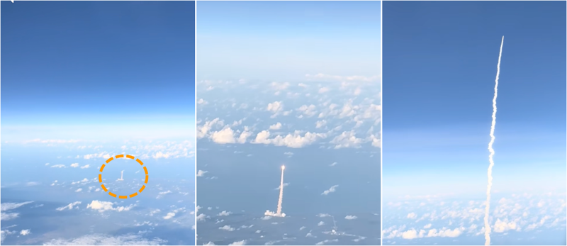 지난 1일 오후 6시 35분(현지시간) 미국 플로리다주 케네디 우주센터에서 발사된 '아르테미스 2호'의 모습이 비행기 안에서 촬영됐다./사진=틱톡 캡처 @ksmathandmore