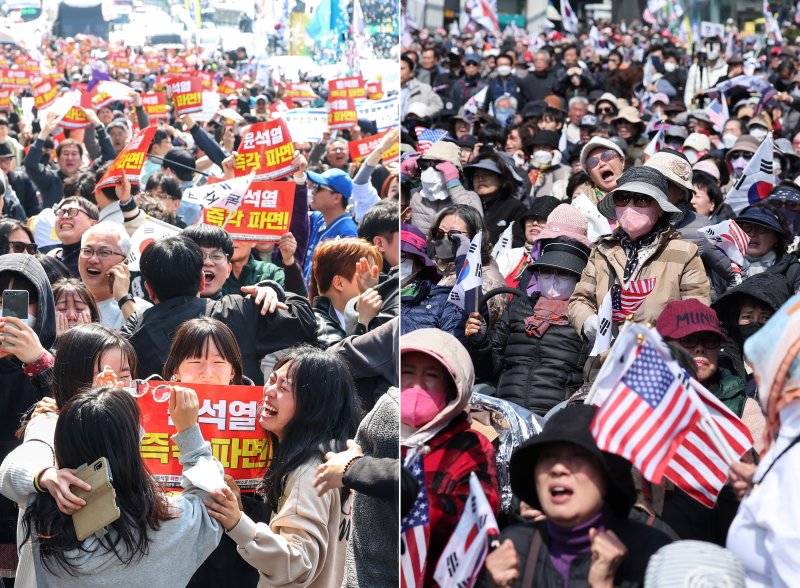 사진 왼쪽은 이날 서울 용산구 대통령 관저 앞에서 진보단체 회원들을 비롯한 시민들이 기뻐하는 모습(왼쪽)과 대통령 지지자들이 허탈에 하는 모습. 2025.4.4 ⓒ 뉴스1 민경석 기자,김성진 기자