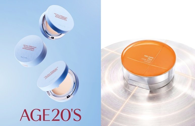 AGE20'S 벨벳 래스팅 파운데이션 팩트(왼쪽)와 멜라닌 샷 기미 커버 쿠션(애경산업 제공)