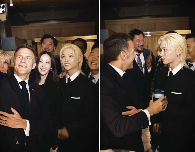 에마뉘엘 마크롱 프랑스 대통령이 한·프랑스 수교 140주년을 맞아 프랑스의 명예대사로 활동 중인 그룹 '스트레이 키즈' 멤버 필릭스의 휴대전화로 브리지트 마크롱 여사와 필릭스, 배우 전종서, 가수 싸이 등과 사진을 찍고 있다. 당시 마크롱 대통령은 필릭스의 휴대전화를 들고 셀카를 찍은 뒤 돌려줬고, 필릭스는 프랑스어로 "메르시 보꾸(정말 감사합니다)"라고 인사했다. /사진=에마뉘엘 마크롱 프랑스 대통령 인스타그램 캡처