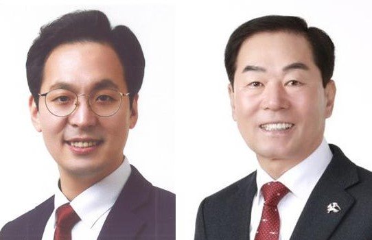 [창원=뉴시스]6일 오후 국민의힘 경남도당 공천관리위원회에서 확정 발표한 김선민(왼쪽) 거제시장 후보와 성낙인 창녕군수 후보.
