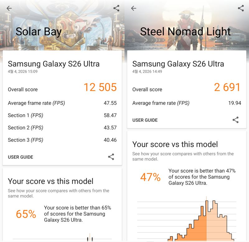 갤럭시 S26 울트라 솔라베이(왼쪽)와 스틸 노마드 라이트. 사진=구자윤 기자
