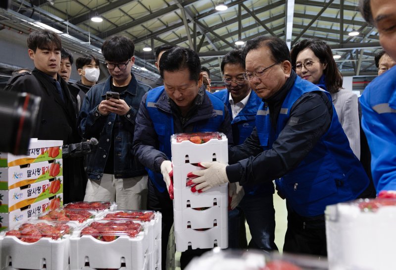 정청래 더불어민주당 대표와 김부겸 민주당 대구시장 후보가 8일 오전 대구 북구 매천동 농수산물도매시장에서 민생현장 체험을 하고 있다. 뉴시스