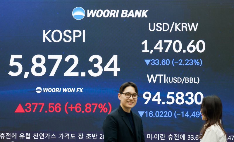 미국과 이란이 2주간 휴전에 합의하면서 코스피 지수가 7% 가까이 상승 마감한 8일 오후 서울 중구 우리은행 본점 딜링룸. 2026.4.8 ⓒ 뉴스1 안은나 기자