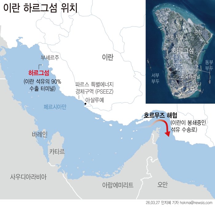 [서울=뉴시스] 월스트리트저널(WSJ)은 26일(현지 시간) 트럼프 미국 행정부가 이란 인근에 지상군 1만명을 추가 파병하는 방안을 검토하고 있다고 보도했다. 이란의 핵심 원유 수출 거점인 하르그섬을 타격할 수 있는 곳에 배치될 가능성이 큰 것으로 알려졌다. 이란의 호르무즈 해협 사실상 봉쇄를 풀어낼 방법이 마땅치 않은 상황에서, 하르그섬을 확보함으로써 해협 개방 협상력을 끌어올린다는 구상이다. (그래픽=안지혜 기자) hokma@newsis.com