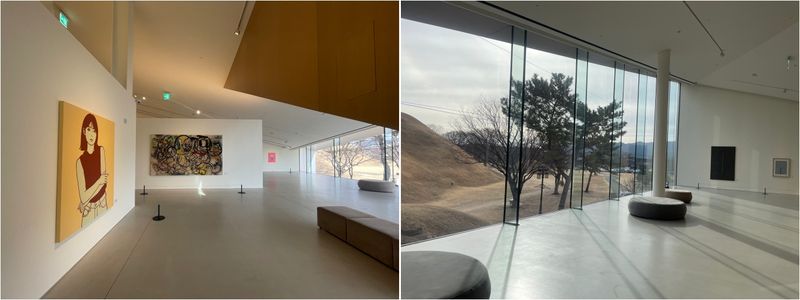 오아르미술관 2층 전시실은 통창을 마주보고 우측 구석의 천장이 가장 높고 반대편이 가장 낮다. /사진=서윤경 기자