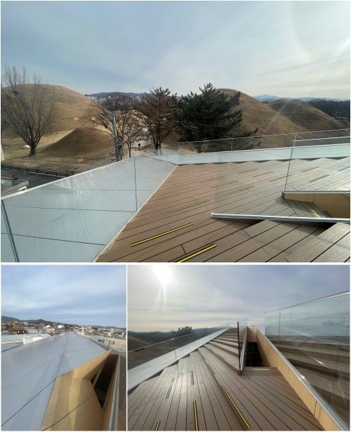 오아르미술관의 옥상에 오르면 사선으로 접은 지붕과 함께 앉아서 역사적 풍경을 감상할 수 있는 나무데크가 있다. /사진=서윤경 기자