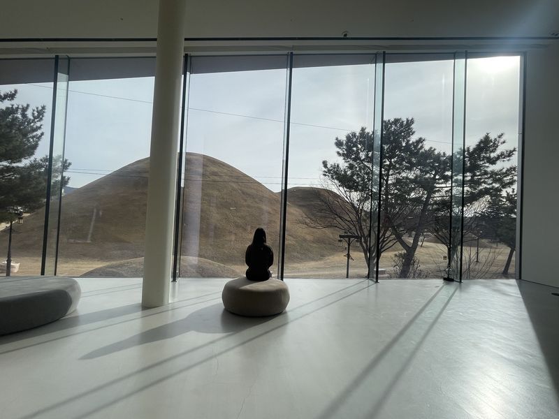 오아르미술관 2층 전시실의 통창 앞에는 다양한 각도로 전시공간과 대릉원을 볼 수 있도록 등받이 없는 원형 의자를 배치했다./사진=서윤경 기자