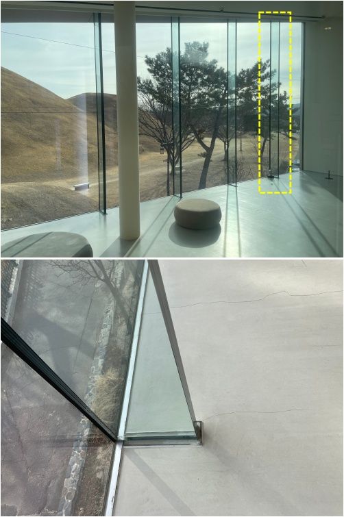 오아르미술관의 대형 통창은 대릉원을 파노라마처럼 볼 수 있도록 철창틀을 없애고 유리로 지지하는 '리브 글라스' 기법을 사용했다(노란 네모 안). /사진=서윤경 기자