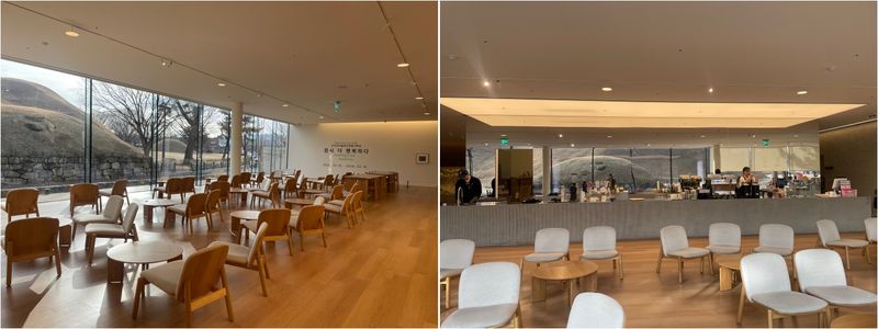 오아르미술관 1층은 리브 글라스 기법을 사용해 열한폭 병풍처럼 펼쳐진 유리 통창으로 대릉원 고분군을 볼 수 있다(왼쪽). 미술관 속 카페의 바 뒤로는 스테인리스 재질의 '미러서스'를 배치해 그 곳에 대릉원이 투영되도록 했다. /사진=서윤경 기자