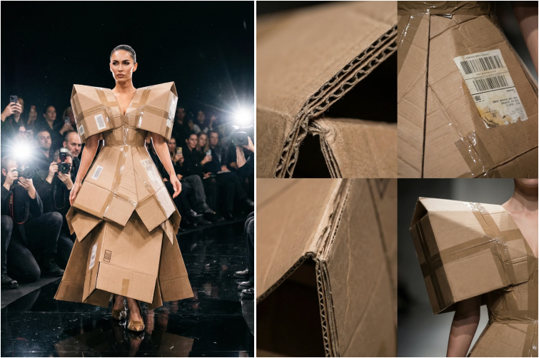 명품 브랜드 발렌시아가의 택배 박스 드레스 이미지가 온라인에서 화제가 됐다. 일부 네티즌은 노란봉투 파우치 등을 선보인 발렌시아가에서 선보였다는 사실과 함께 메건 폭스와 로버트 패틴슨 등 유명 배우들이 착용한 사진에 진짜 제품이라 오해했지만, AI를 활용한 가짜 이미지인 것으로 전해졌다. /사진=인스타그램 캡처 @celebsimulation