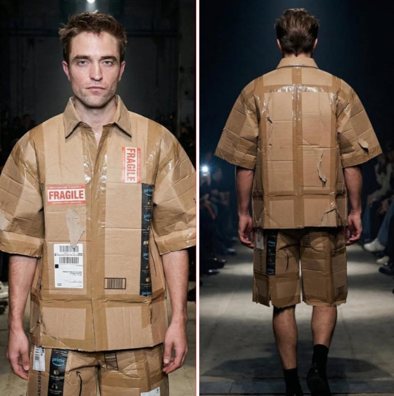 명품 브랜드 발렌시아가의 택배 박스 드레스 이미지가 온라인에서 화제가 됐다. 일부 네티즌은 노란봉투 파우치 등을 선보인 발렌시아가에서 선보였다는 사실과 함께 메건 폭스와 로버트 패틴슨 등 유명 배우들이 착용한 사진에 진짜 제품이라 오해했지만, AI를 활용한 가짜 이미지인 것으로 전해졌다. /사진=인스타그램 캡처 @celebsimulation