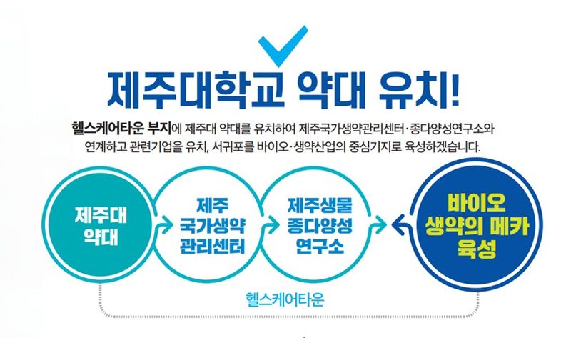 위성곤 후보가 2020년 총선 당시 제시한 ‘제주대학교 약대 유치’ 공약 이미지. 문대림 후보 측은 이를 근거로 약대 서귀포 유치 공약의 현재 입장과 실제 성과를 분명히 밝히라고 요구했다. /사진=문대림 후보 측 제공