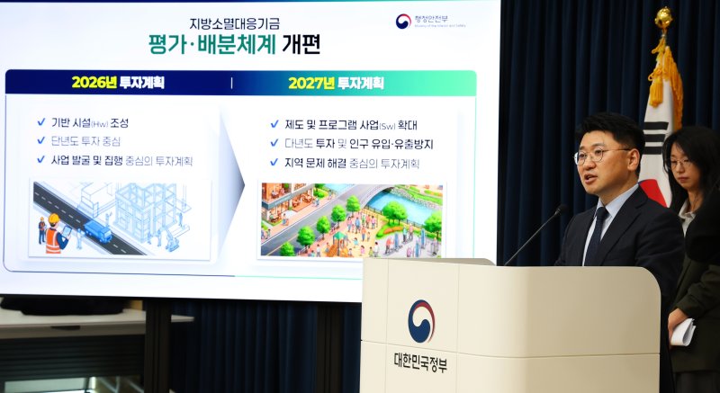 김군호 행정안전부 균형발전국장이 14일 정부세종청사에서 2027년 지방소멸대응기금 투자계획 평가 및 배분체계 개편 방안을 발표하고 있다. 뉴스1